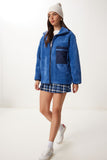 İndigo Mavi Fermuarlı Oversize Peluş Sweatshirt DD01379