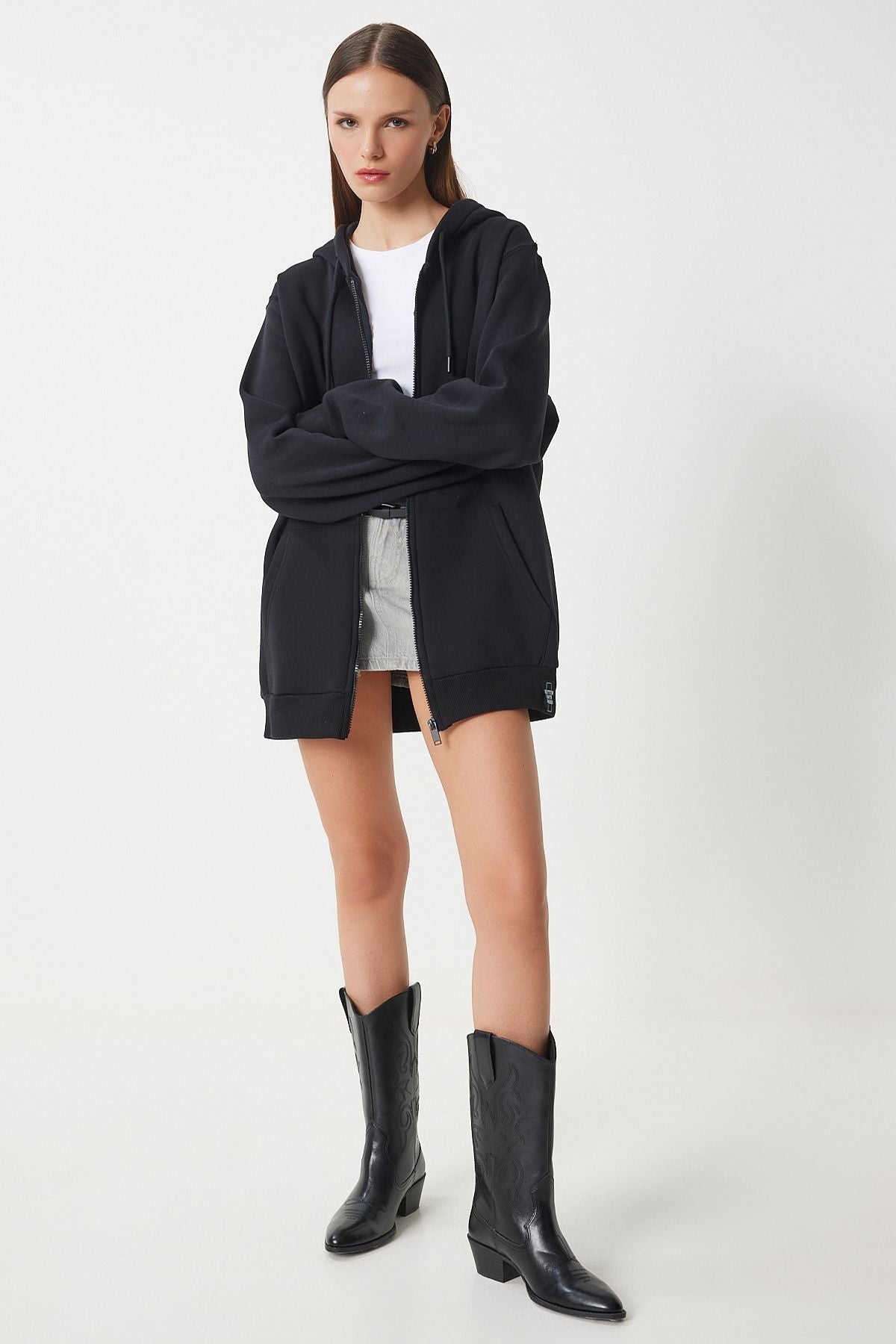 Siyah Kapüşonlu Şardonlu Fermuarlı Oversize Sweatshirt VN00015