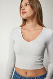 Gri V Yaka Crop Örme Bluz UB00201