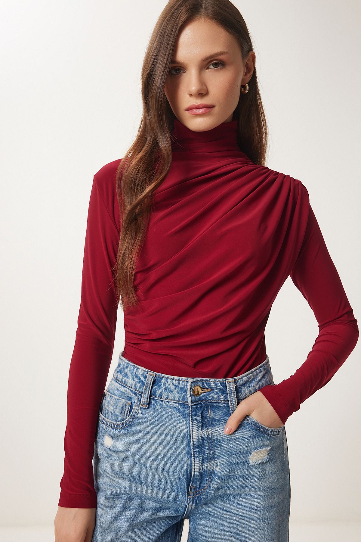 Bordo Büzgü Detaylı Dik Yaka Sandy Bluz  FF00135