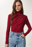 Bordo Büzgü Detaylı Dik Yaka Sandy Bluz  FF00135
