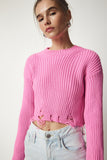 Pembe Yırtık Detaylı Triko Crop Kazak YY00181