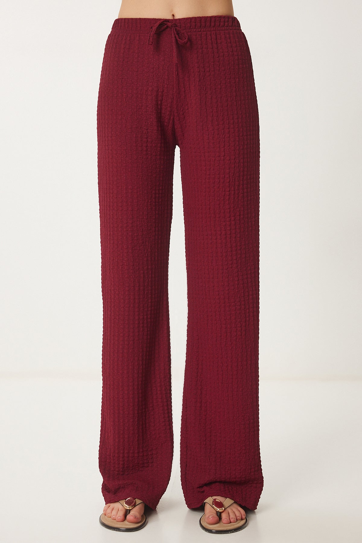 Bordo Dokulu Geniş Paça Yazlık Örme Pantolon ZV00272