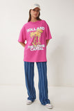 Koyu Pembe Oversize Baskılı Örme T-Shirt JH00054