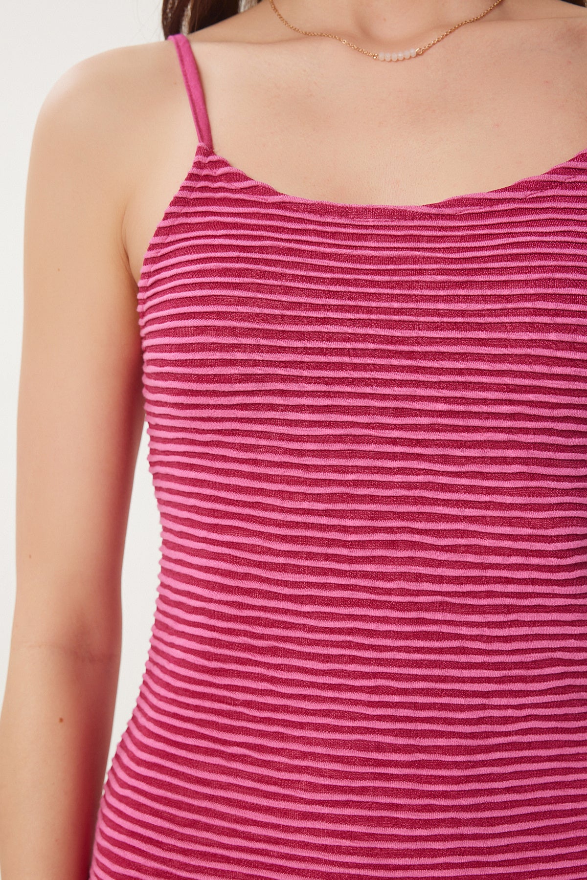 Koyu Pembe Çizgili Yazlık Midi Örme Elbise WO00047