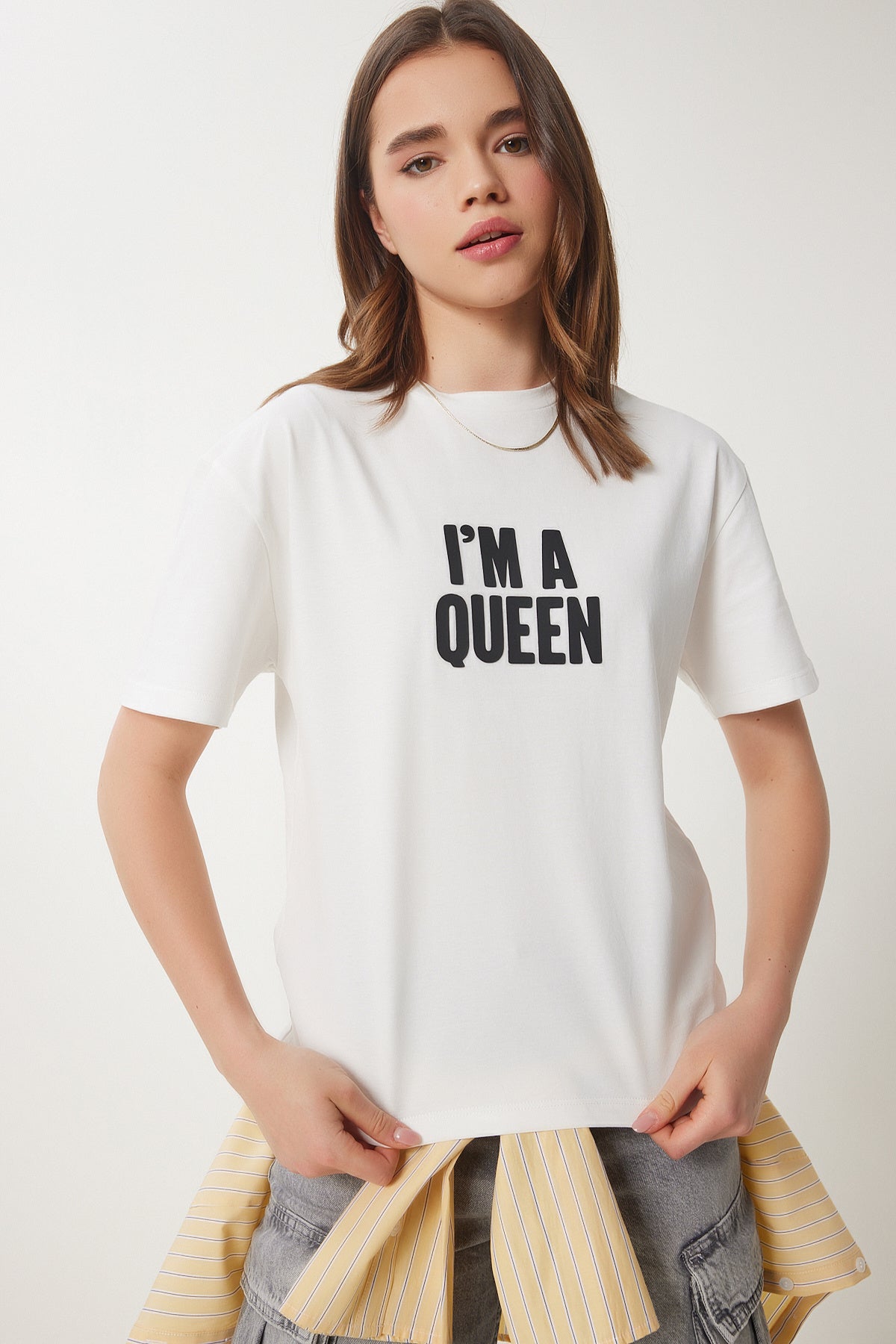 Ekru Sloganlı Örme T-Shirt CR00458