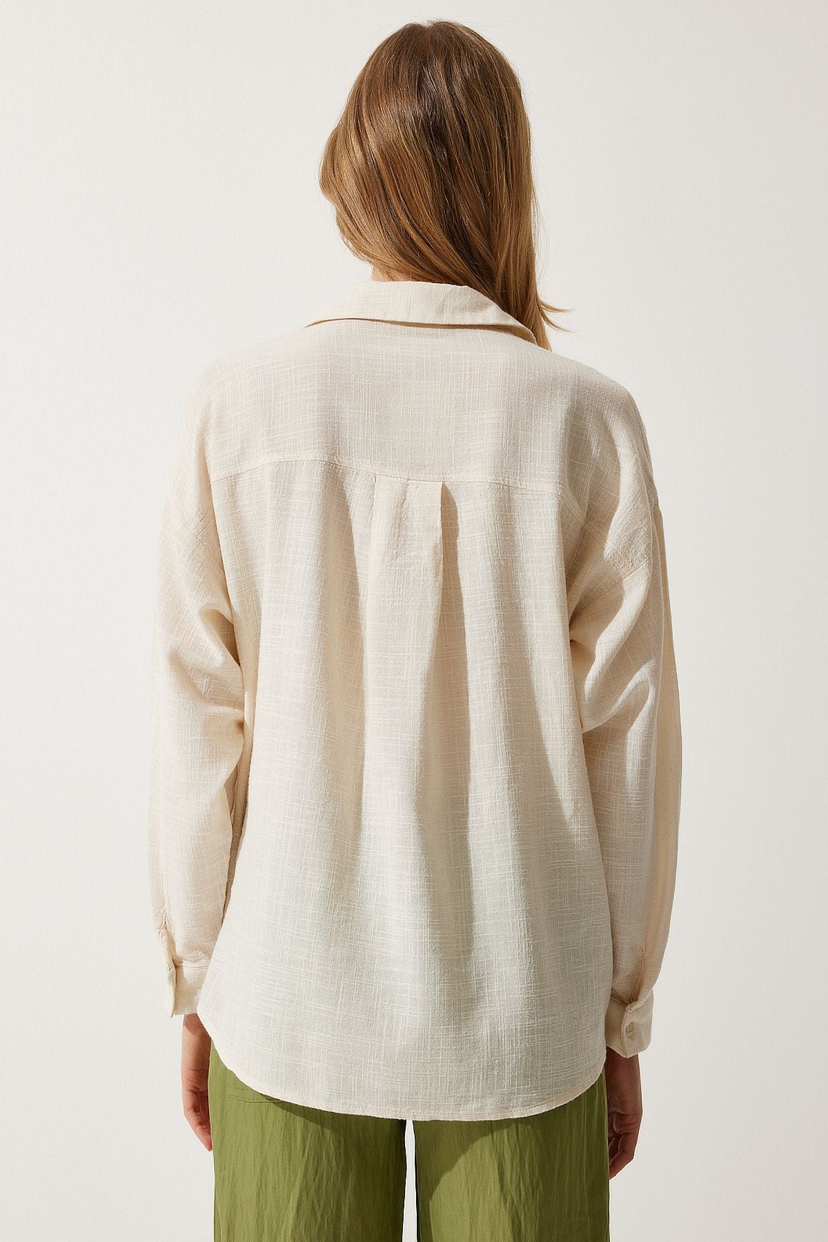 Krem Cepli Oversize Keten Gömlek MX00152