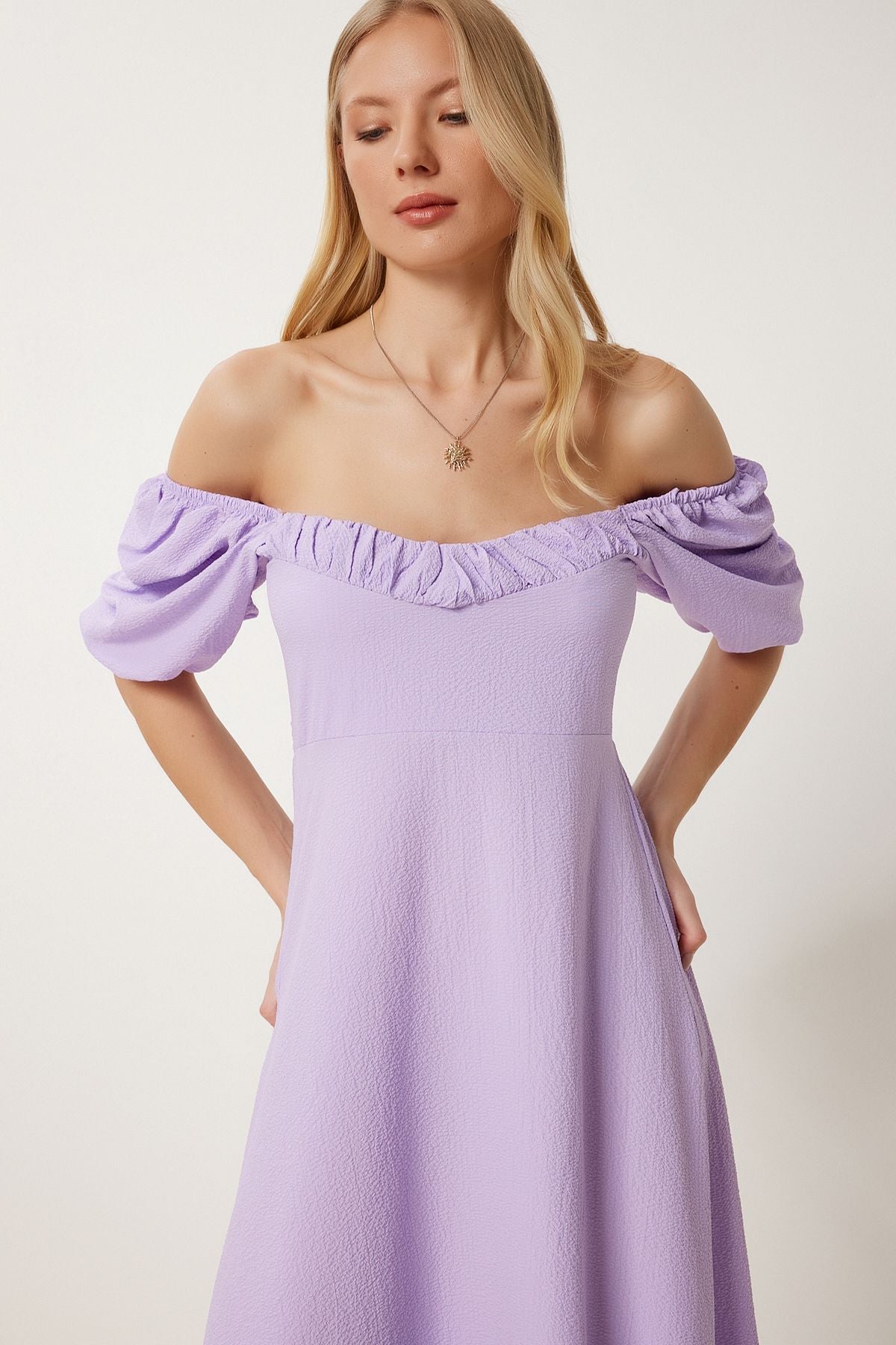 Lila Volanlı Yazlık Krinkıl Örme Elbise FK00014