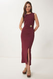 Bordo Gold Tokalı Midi Sandy Elbise KH00097