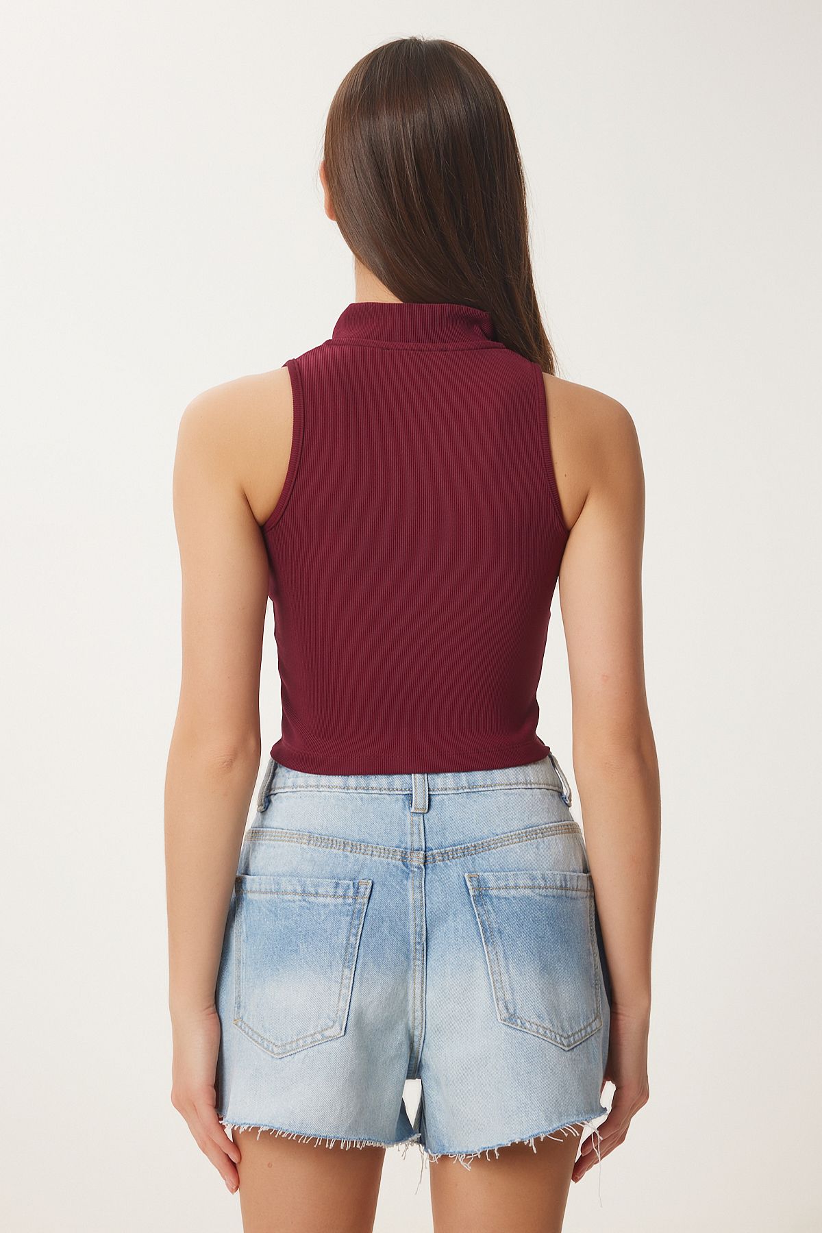 Bordo Fermuarlı Fitilli Crop Bluz KH00100