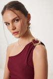 Bordo Tek Omuz Tokalı Fitilli Crop Bluz KH00096