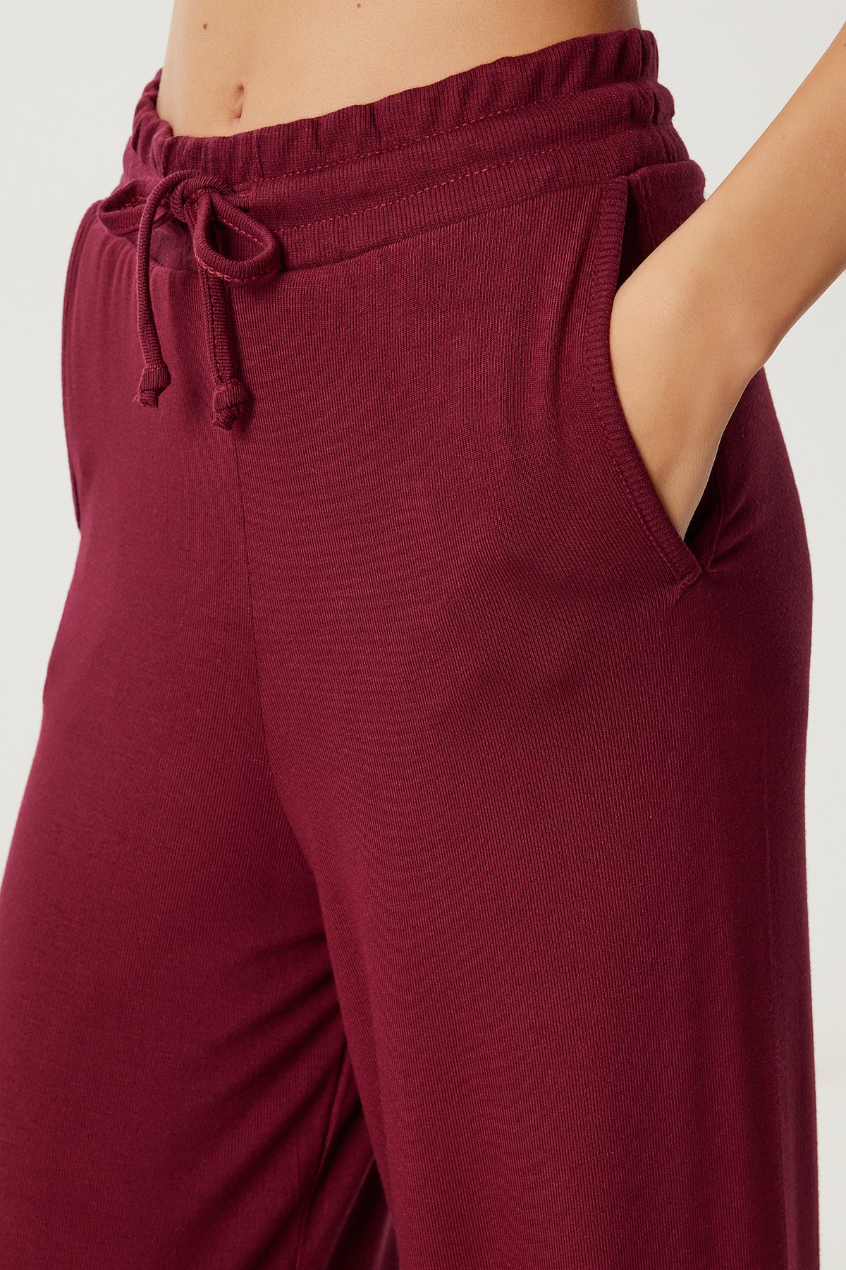 Bordo Cepli Geniş Paça Örme Pantolon UB00470
