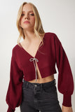 Bordo Taşlı Fiyonk Bağlamalı Crop Triko Hırka Kİ00110
