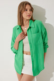 Yeşil Oversize Keten Ayrobin Gömlek DD01222