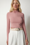 Gül Kurusu Dik Yaka Fitilli Kaşkorse Crop Bluz ub00165