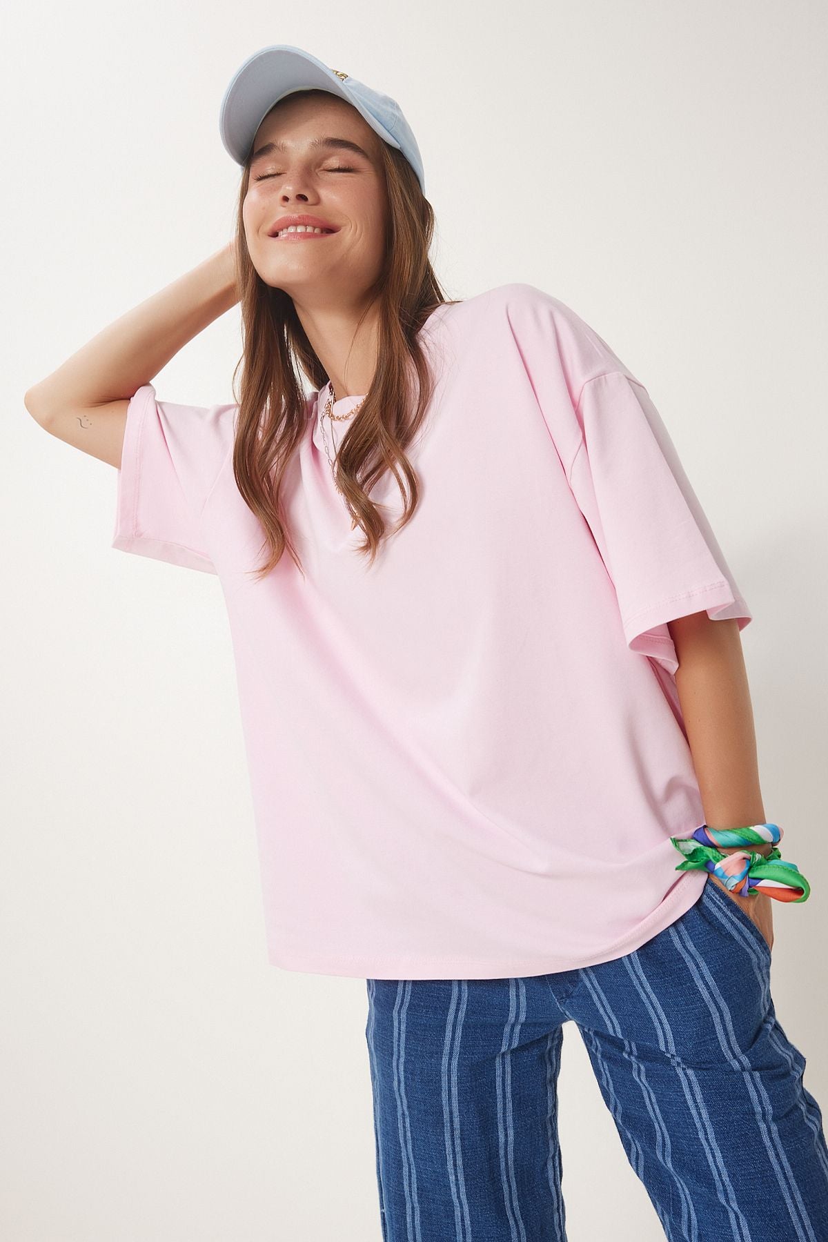Pembe Basic Oversize Örme T-Shirt HW00007