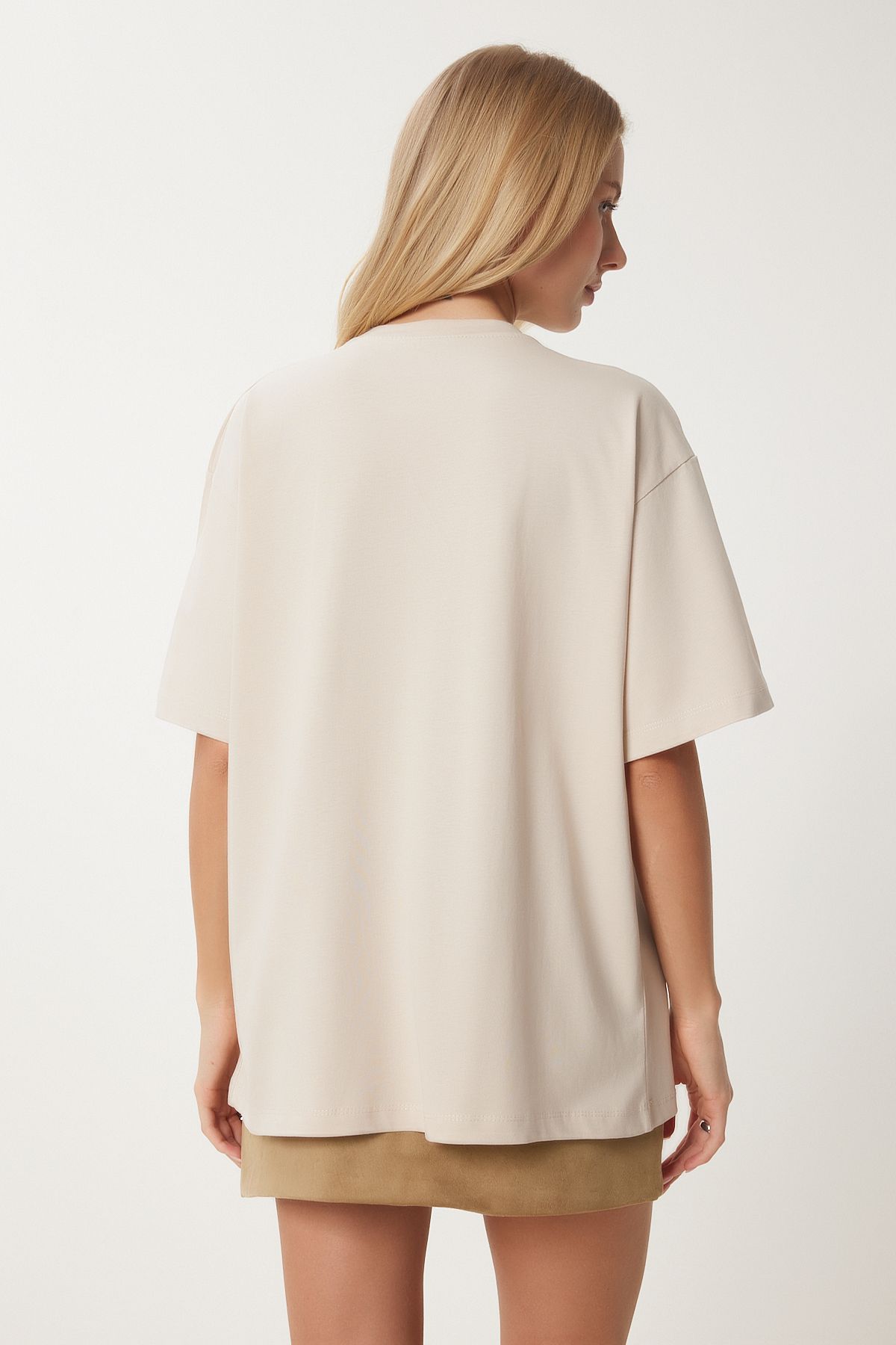 Krem Ayıcık Armalı Pamuklu Oversize Örme T-Shirt CR00464