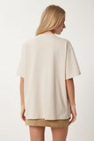 Krem Ayıcık Armalı Pamuklu Oversize Örme T-Shirt CR00464