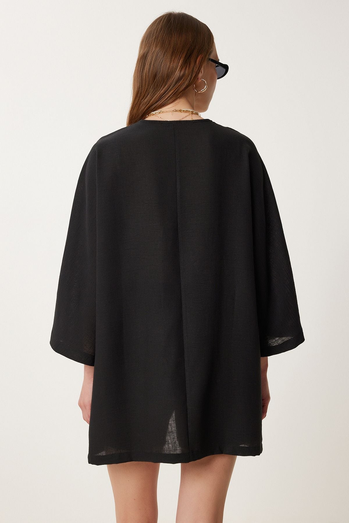 Siyah Keten Kimono Şort Takım WF00105