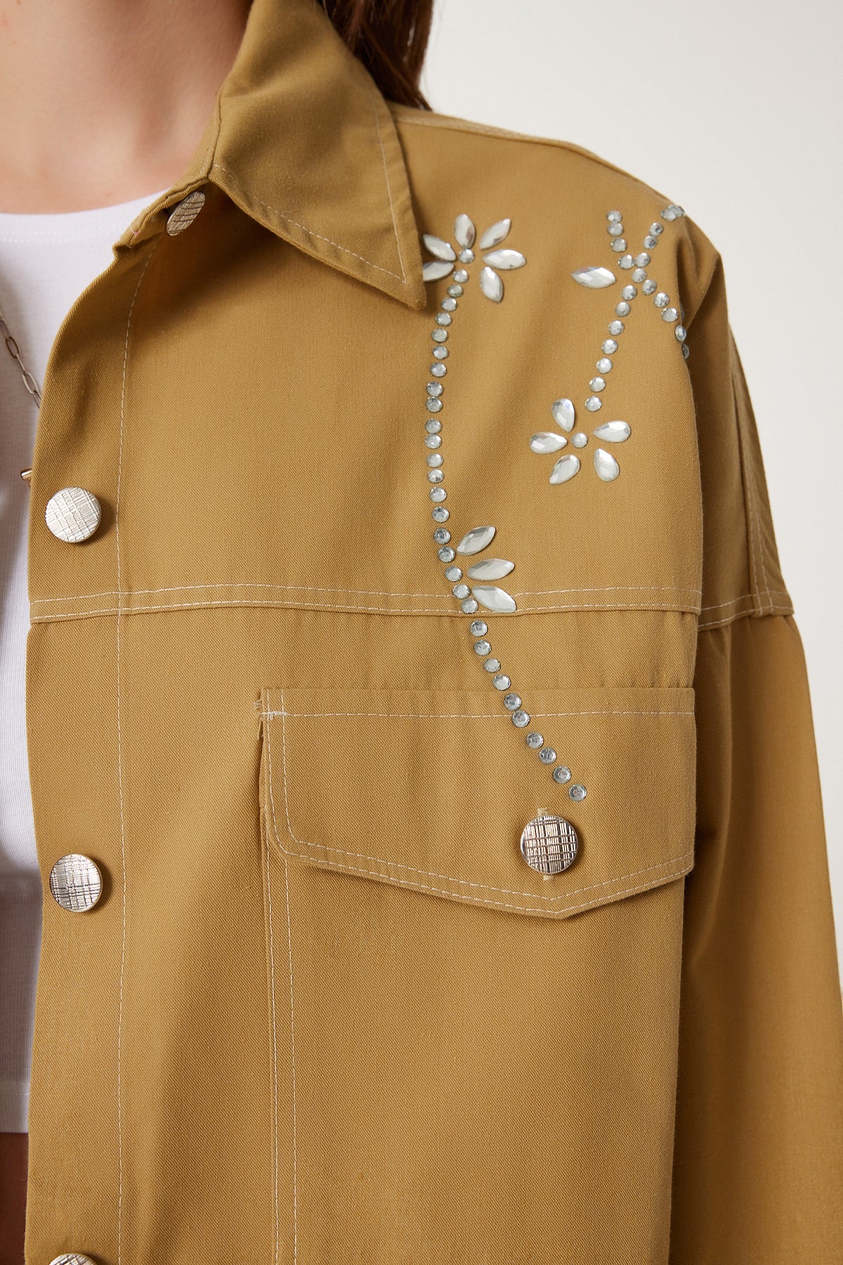 Zeytin Yeşili Taşlı Oversize Gabardin Gömlek Ceket SA00040