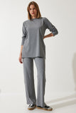 Gri Fitilli Örme Bluz Pantolon Takım KH00088