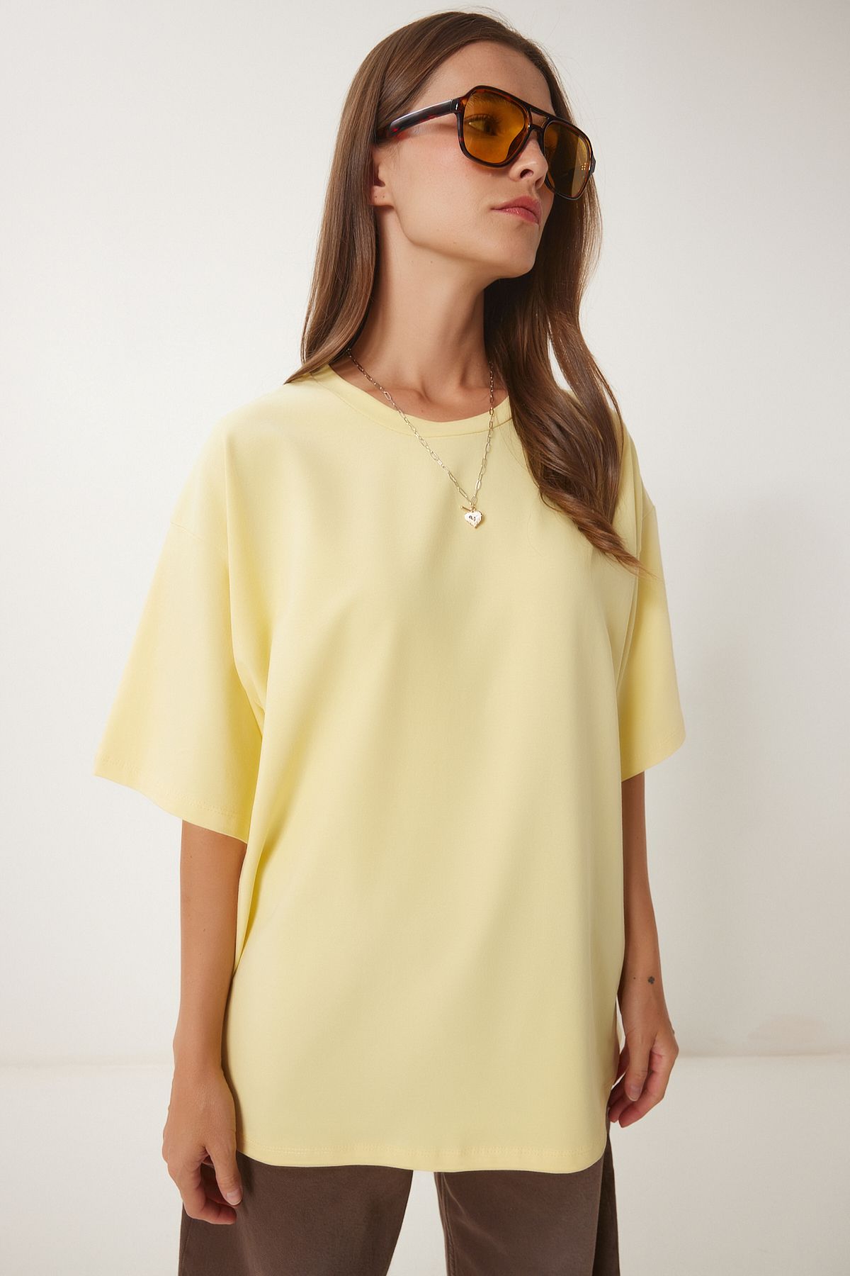 Sarı Basic Oversize Örme T-Shirt HW00007