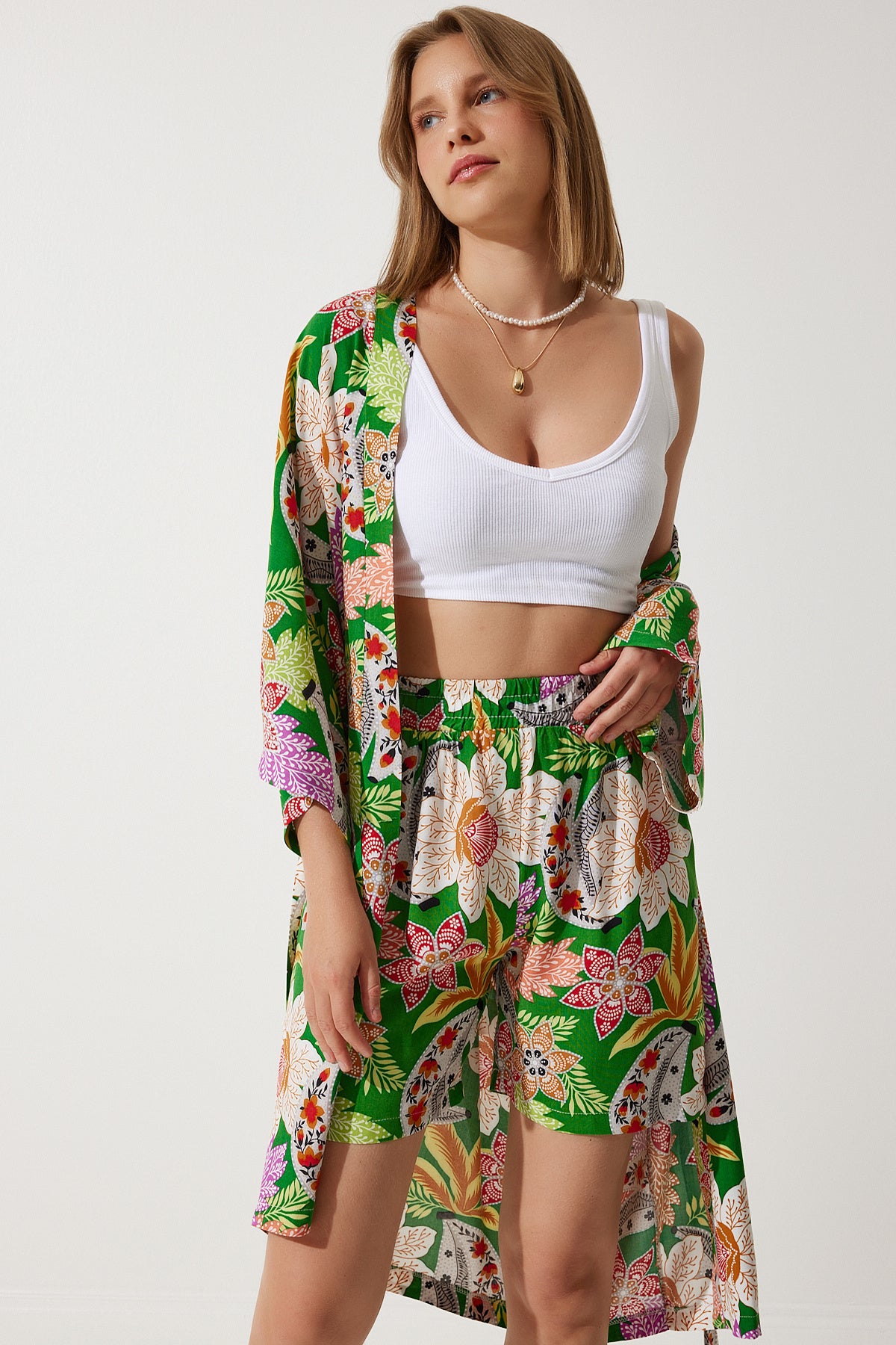Yeşil Yazlık Viskon Kimono Şort Takım BP00161