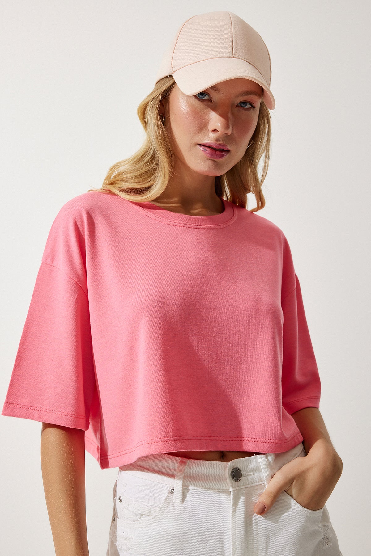 Pembe Basic Crop Örme T-Shirt RG00008