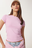 Pembe Kemik Kontrast Renkli Örme T-Shirt UB00369