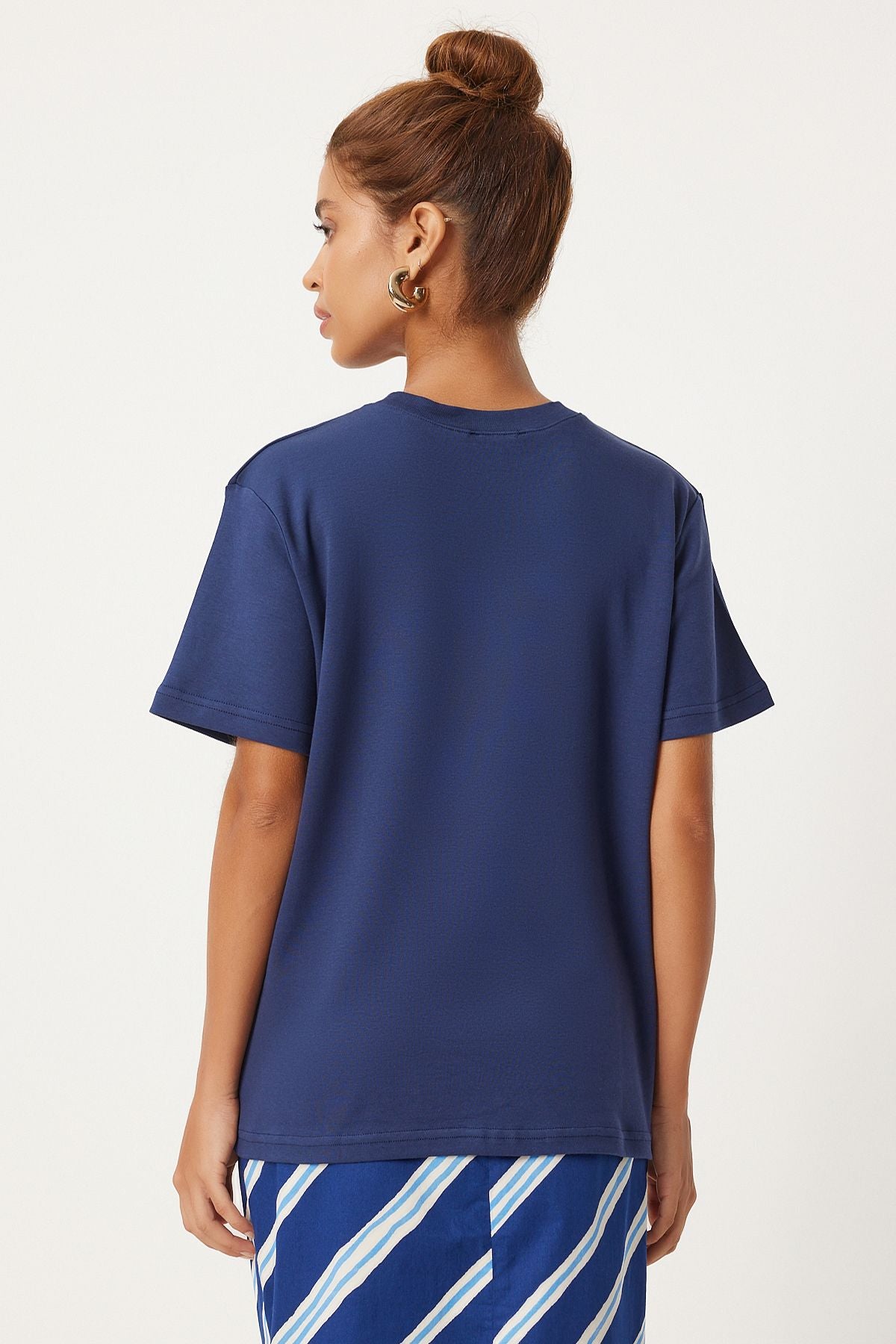 Lacivert Bisiklet Yaka %100 Pamuk Penye T-Shirt FN03265