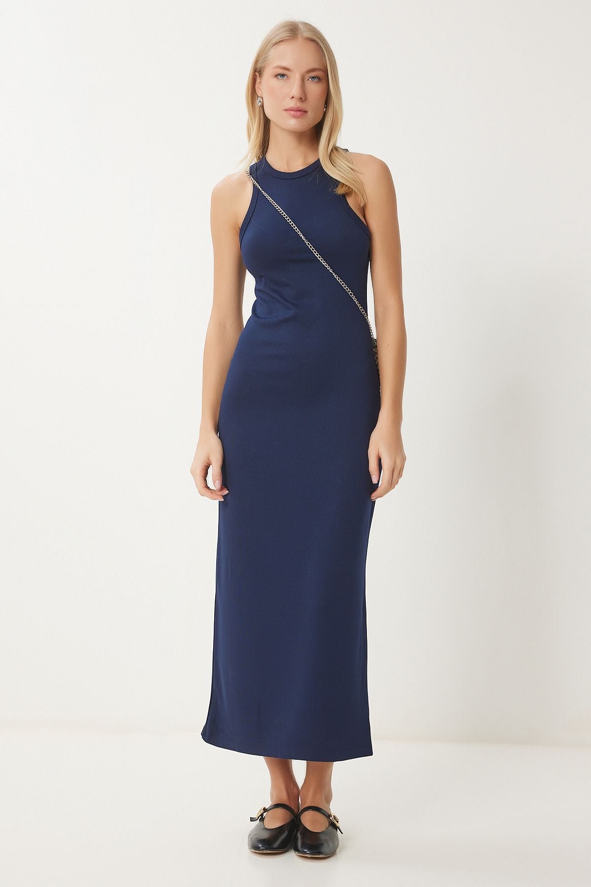 Lacivert Halter Yaka Basic Yazlık Örme Elbise EJ00001