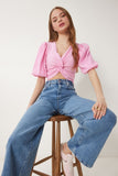 Pembe Balon Kollu Crop Dokuma Bluz RG00052