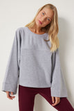 Gri Geniş Kol Oversize Örme Sweatshirt  FN03334