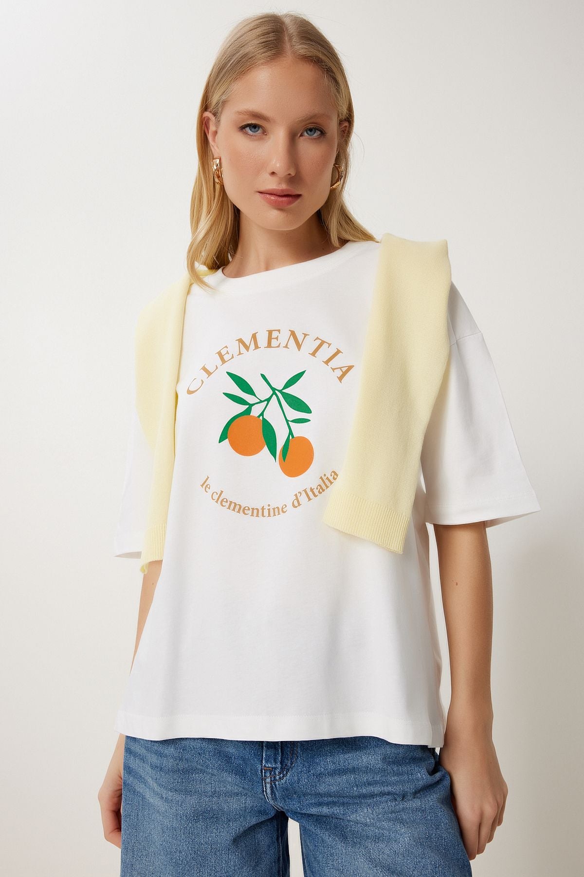 Ekru Baskılı Pamuklu Oversize Örme T-Shirt YY00238