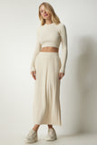 Krem Fitilli Triko Crop Etek Takım Kİ00106
