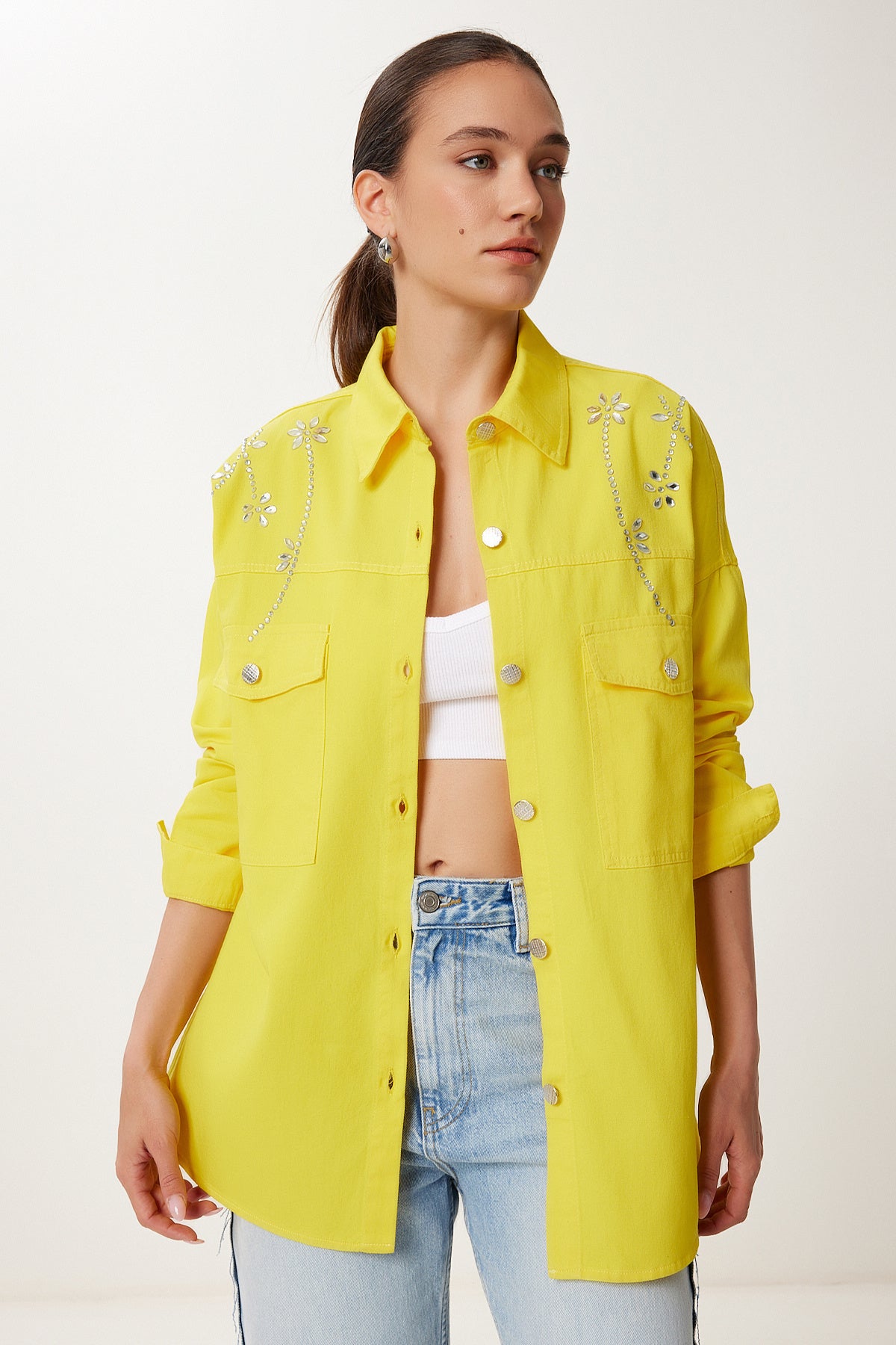 Sarı Taşlı Oversize Gabardin Gömlek Ceket SA00040