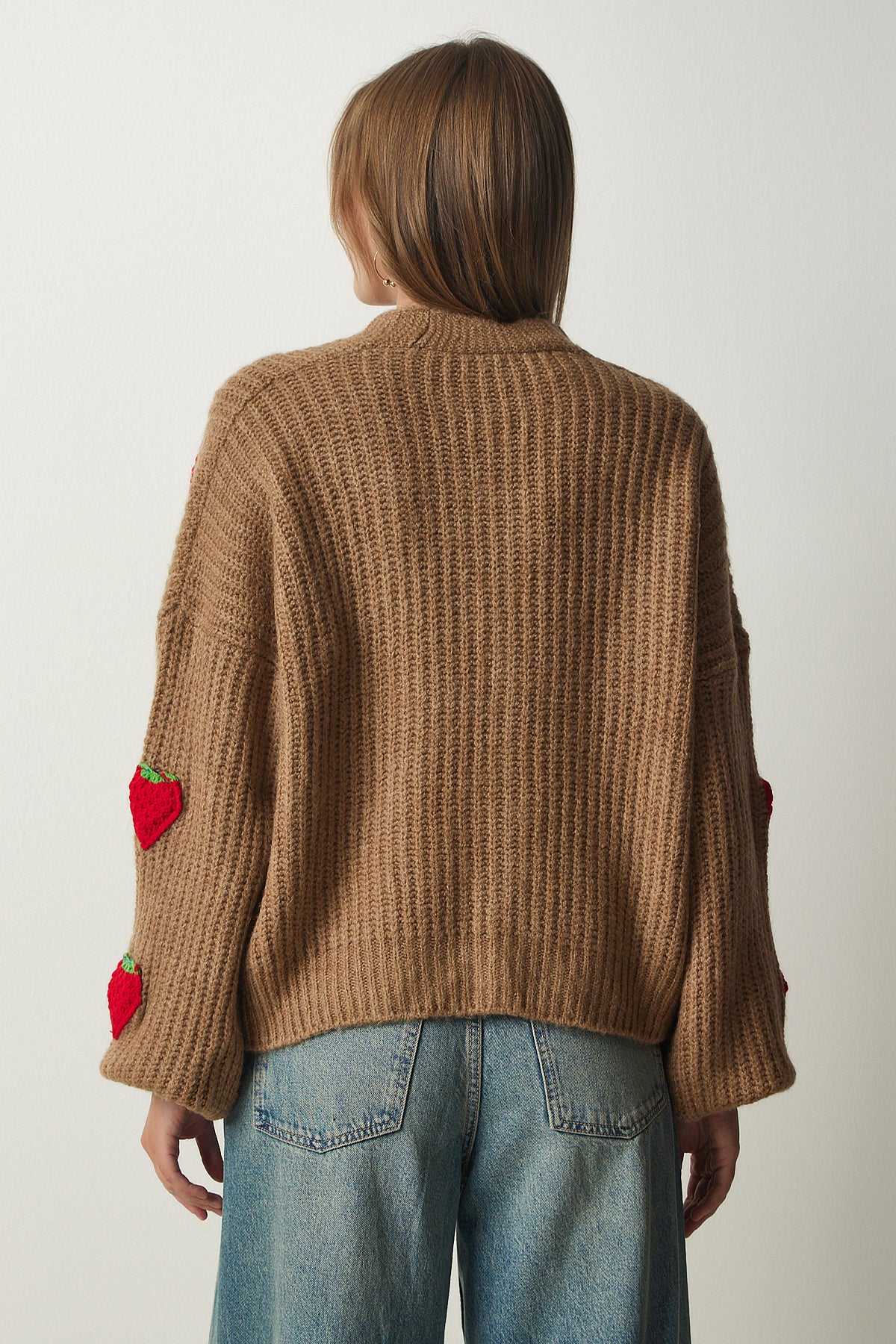 Taba Çilek Motifli Oversize Triko Hırka PF00008