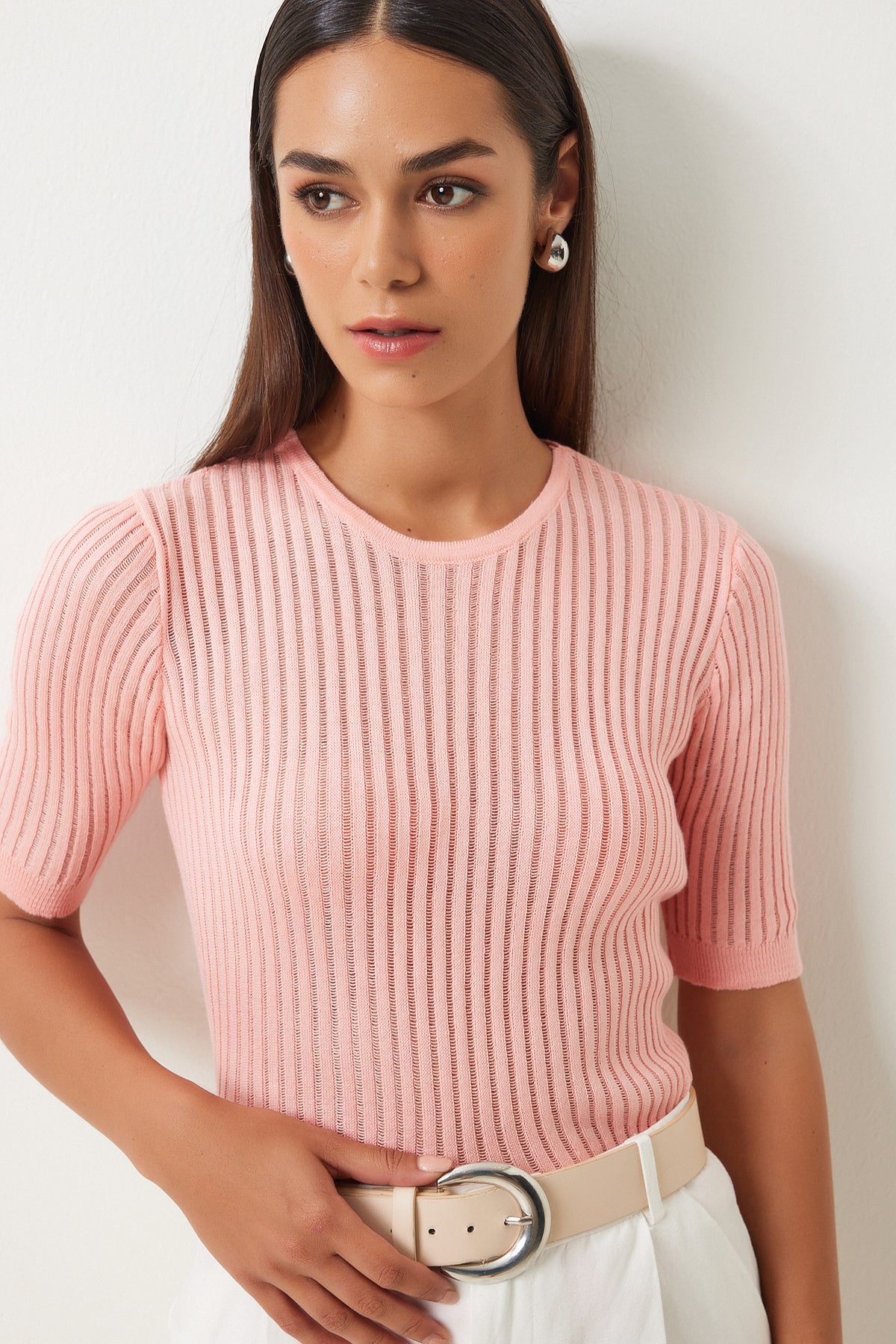Pembe Hafif Transparan Triko Bluz  FN03210