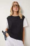 Siyah Kontrast Renkli Pamuklu Örme T-Shirt CR00459