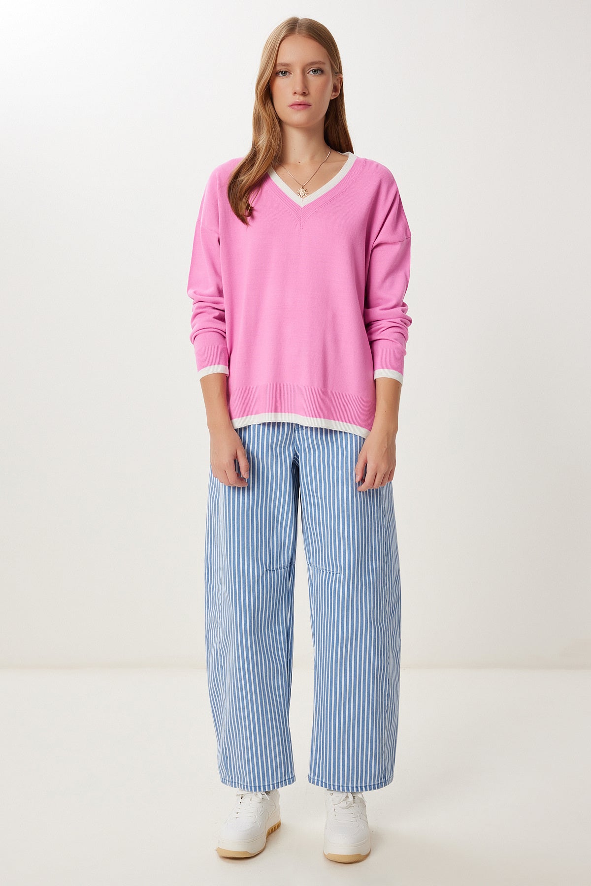 Pembe V Yaka Oversize Triko Kazak BV00081