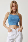 Mavi Halter Yaka Yıkamalı Crop Örme Bluz NJ00135