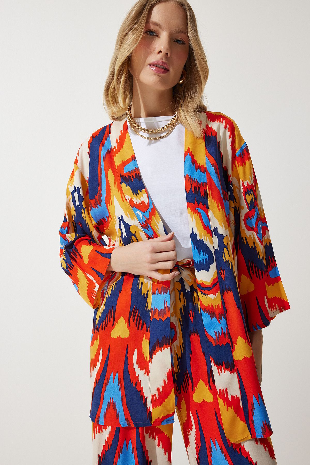 Oranj Desenli Kimono Palazzo Pantolon Takım EN00614