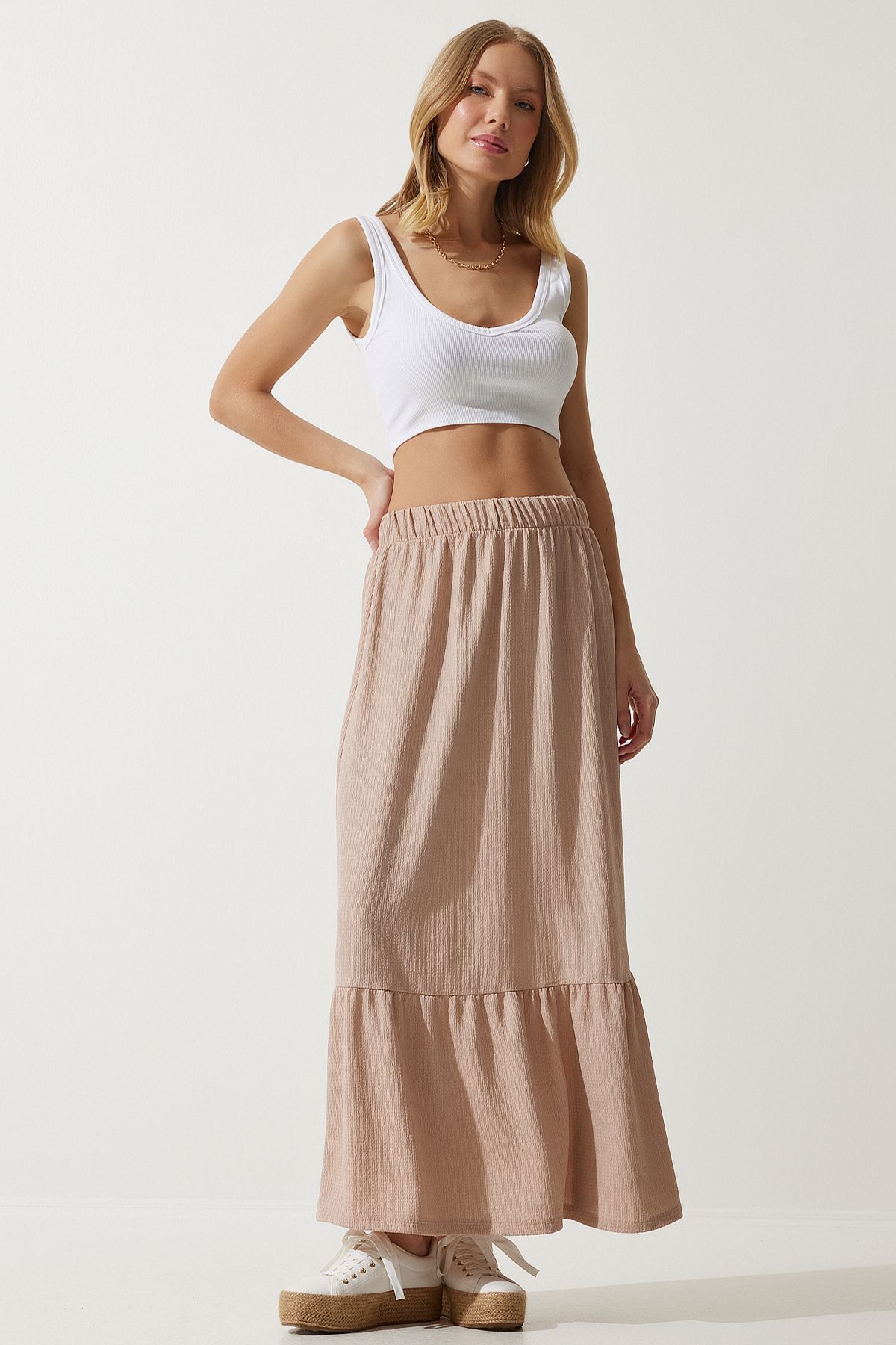 Krem Volanlı Yazlık Midi Etek DD01231