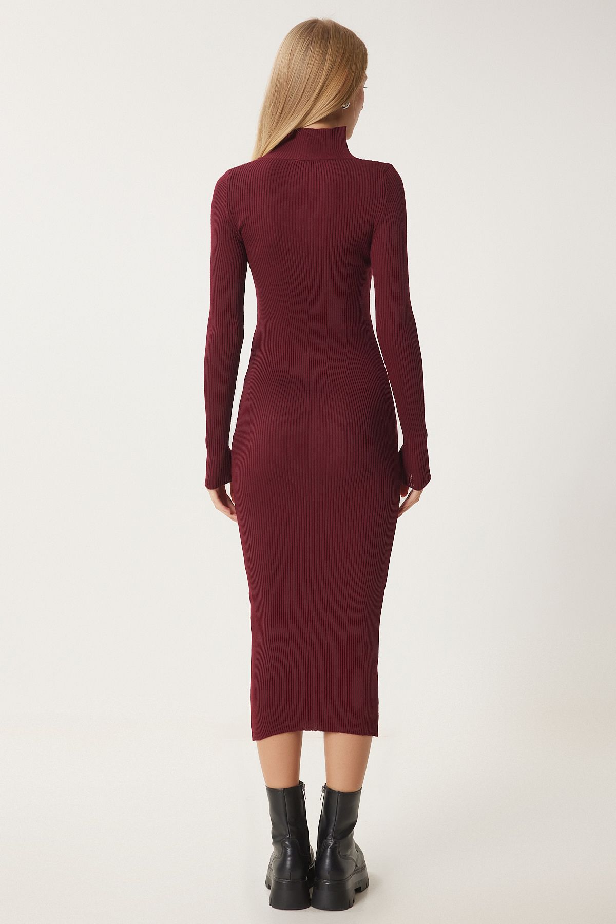 Bordo Cut Out Detaylı Dik Yaka Fitilli Triko Elbise FN03388