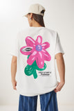 Ekru Çiçek Baskılı Oversize Örme T-Shirt ZV00282
