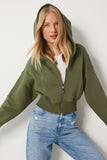 Haki Kapüşonlu Şardonlu Fermuarlı Sweatshirt OW00051