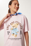 Açık Pembe Baskılı Oversize Pamuklu Örme T-Shirt CR00508