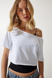 Beyaz Siyah Kayık Yaka Basic Crop 2'Li Paket Örme T-Shirt OW00036
