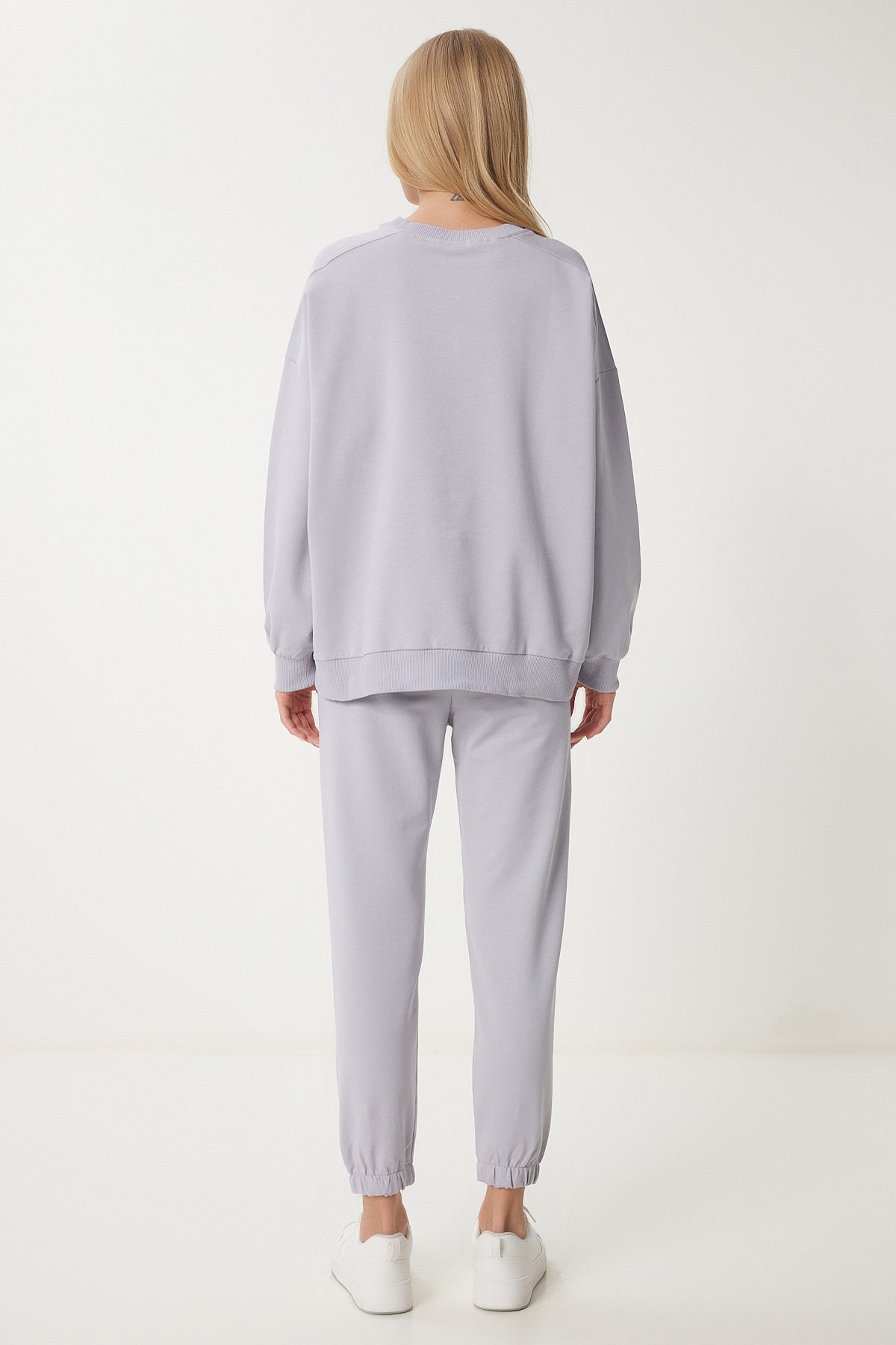 Taş Grisi Bisiklet Yaka Oversize Örme Eşofman Takımı FN03456