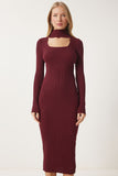 Bordo Cut Out Detaylı Dik Yaka Fitilli Triko Elbise FN03388